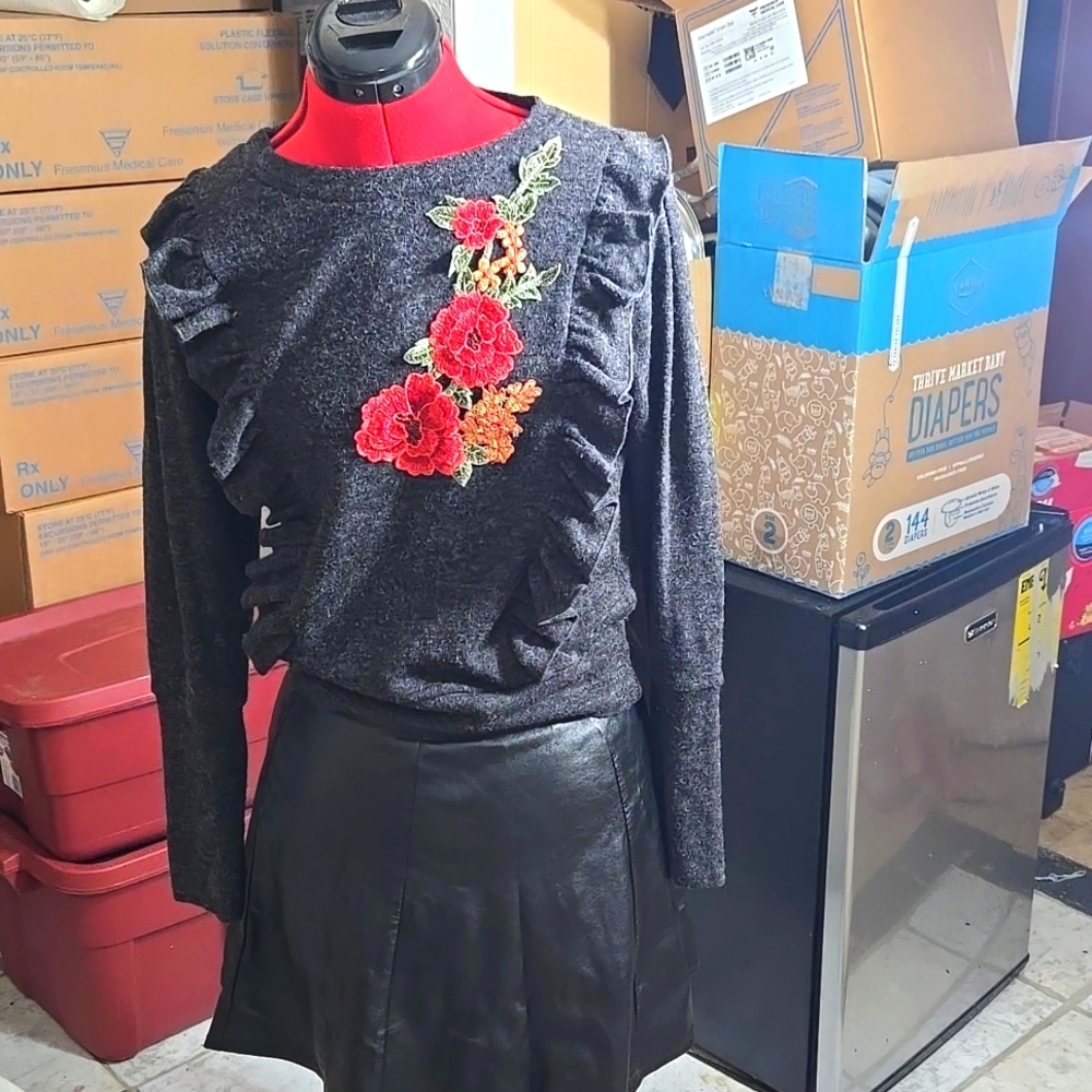 Sweet Rain Heather Gray Sweater with Ruffles and Floral Applique